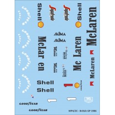 Calcas al agua, escala 1/32,  para decoración de McLaren MP4-2C British GP #1, Piloto: Prost